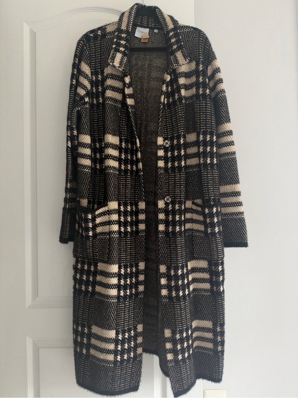 Cyrus Black & Cream Plaid Long Knit Cardigan